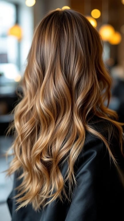 A woman with brown hair featuring caramel highlights, styled in loose waves.