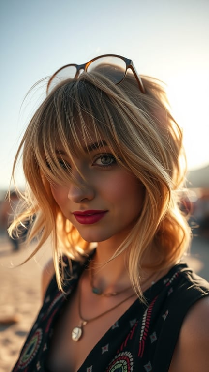 A woman with a shag hairstyle, wearing sunglasses on her head, with a soft blonde color and bangs, showcasing a carefree bohemian style.