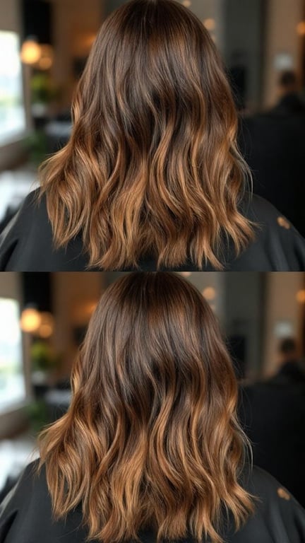 A hairstyle showing a transition from brown to caramel highlights, with wavy hair.