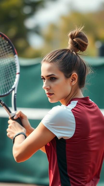 A female athlete with a top knot hairstyle, holding a tennis racket, wearing a sporty outfit.