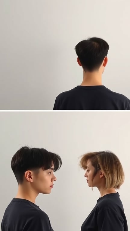 Two individuals showcasing a temple fade hairstyle from different angles.