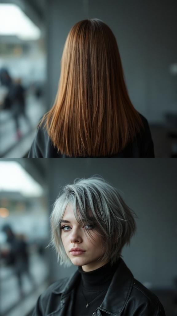 Before and after images of a hair transformation from long straight hair to a short emo shag haircut.