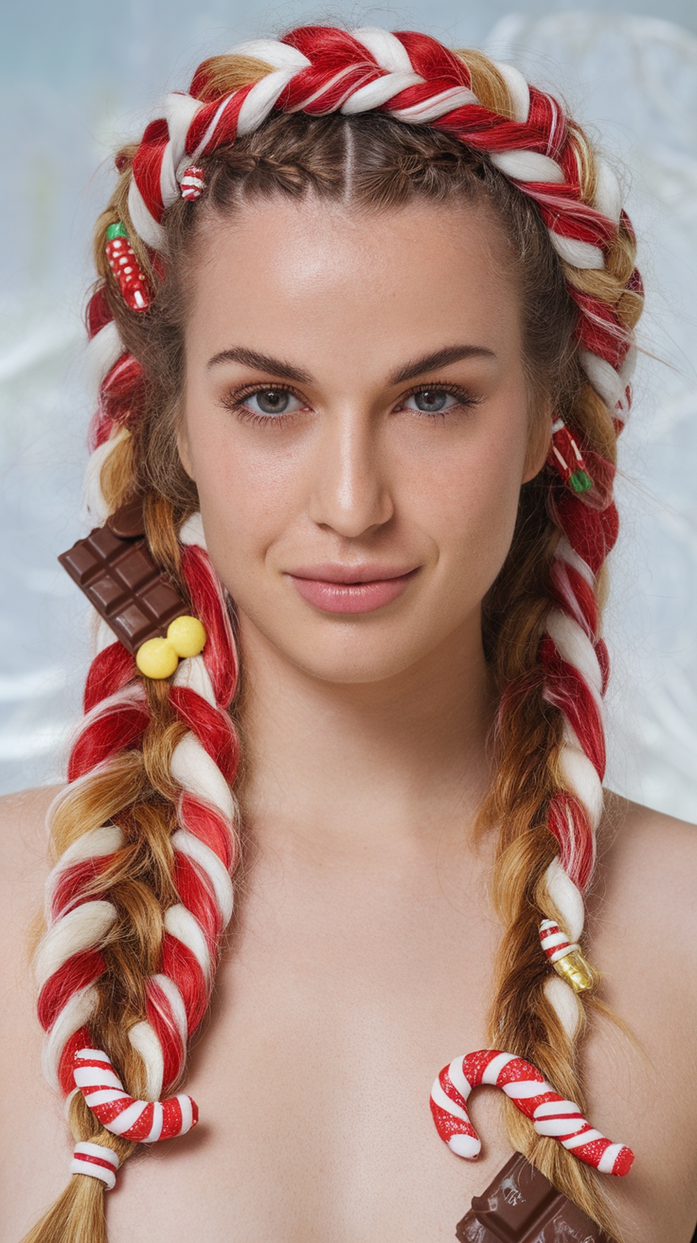 A woman with twisted candy cane braids, featuring red and white strands and candy-themed accessories.