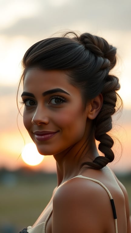A young woman with a twisted updo hairstyle, smiling against a sunset backdrop.