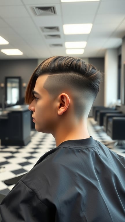 A young man with an undercut mullet hairstyle featuring a design on the side, showcasing a stylish and modern look.