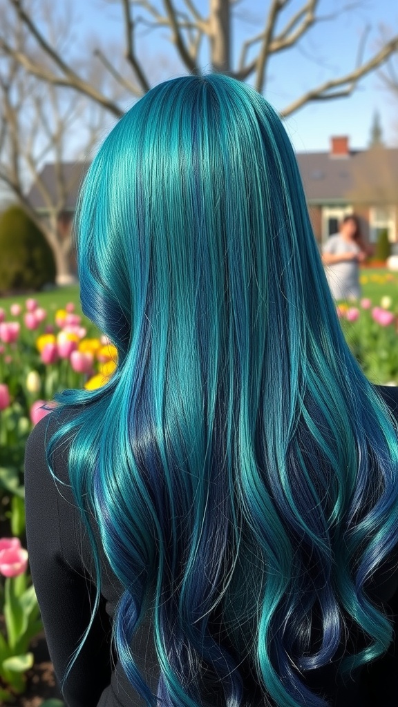 Long teal hair with darker shades, surrounded by blooming tulips in a garden