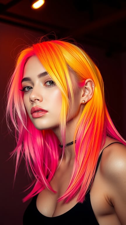 A young woman with vibrant pink and orange hair, showcasing a bold and colorful hairstyle.