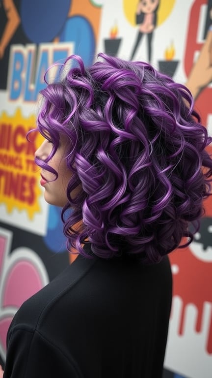 A person with vibrant plum and lavender chunky highlights in curly hair.