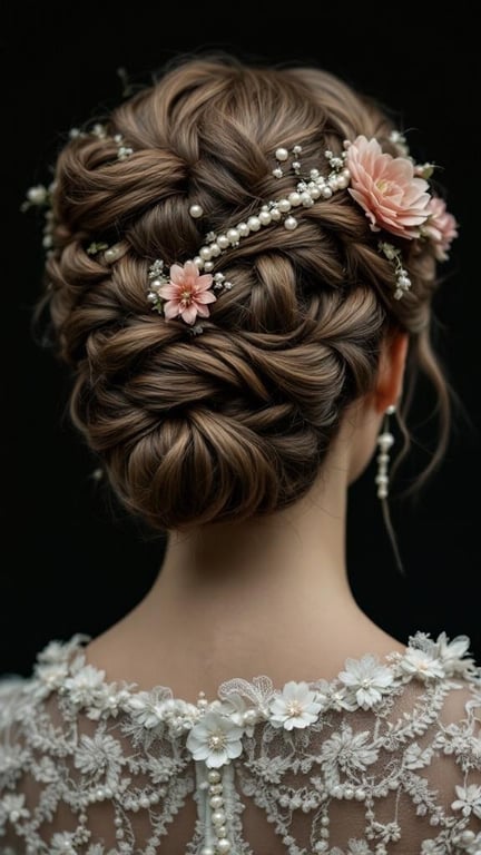 A beautiful Victorian updo hairstyle with floral accents and pearls.