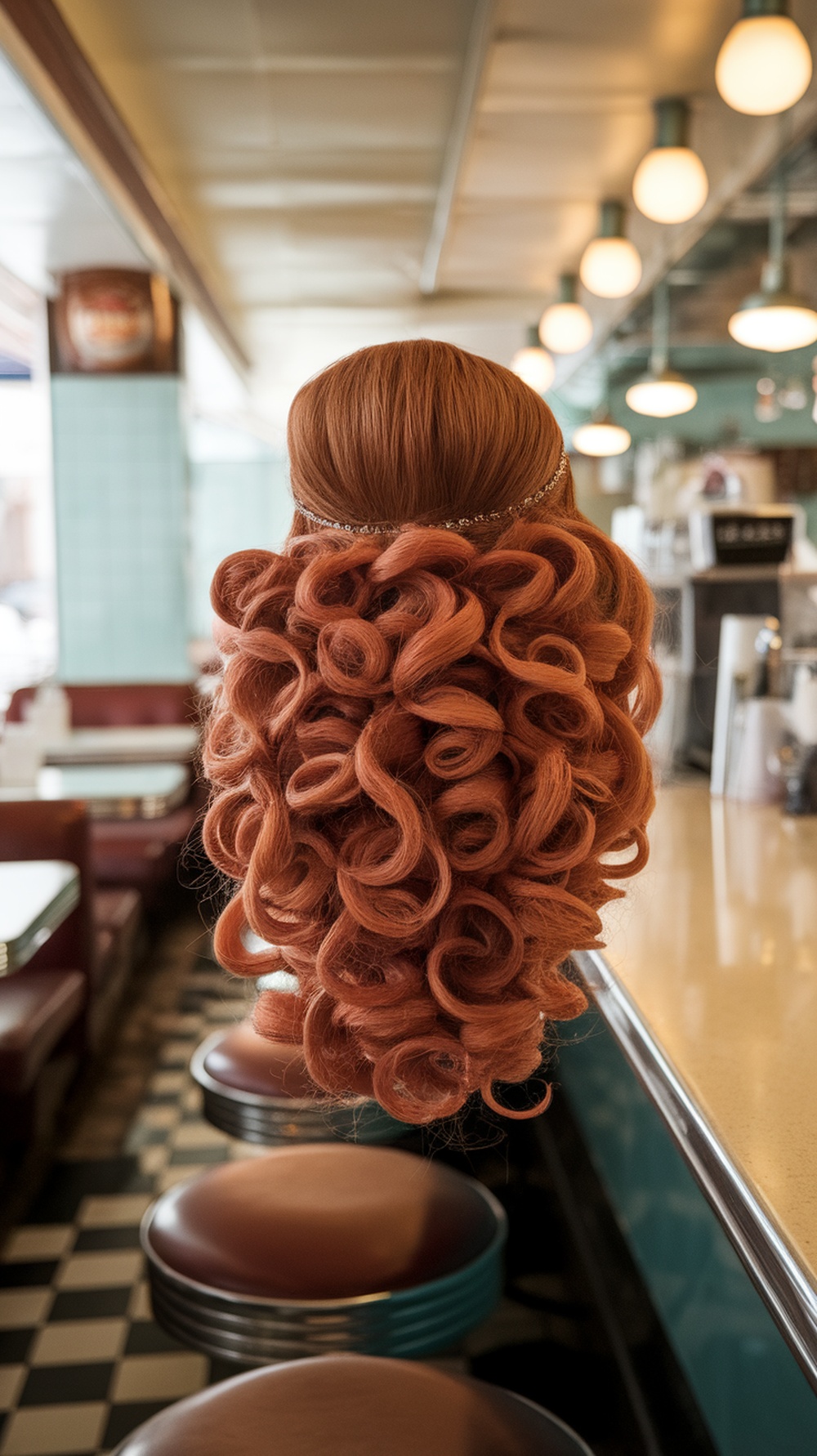 A mannequin head with vintage cherry bomb curls styled in a diner setting.