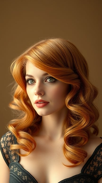 A woman with vintage ginger waves hairstyle, showcasing soft curls and a warm hair color.