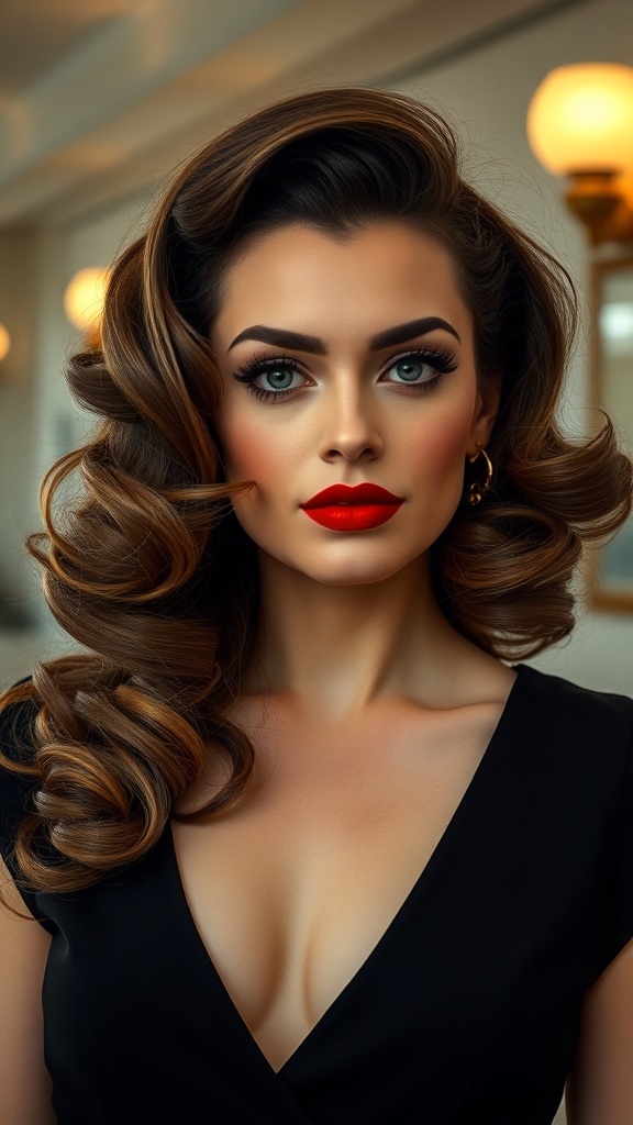 A glamorous woman with vintage Hollywood hairstyle and bold red lips.