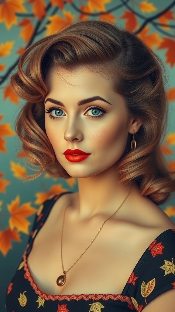 A woman with vintage pin-up waves hairstyle, wearing red lipstick and a floral dress, surrounded by autumn leaves.