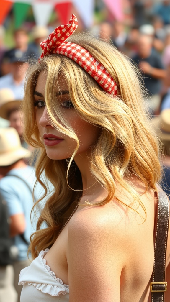 A woman with long wavy hair wearing a red and white checkered headband, showcasing a vintage hairstyle.