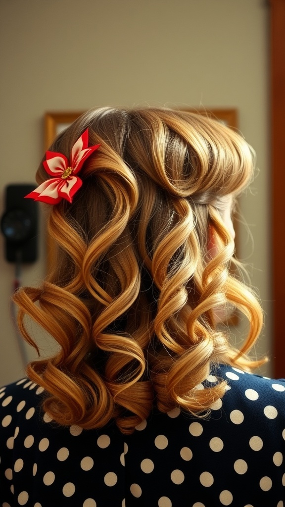 A woman with vintage waves and wispy bangs, adorned with a decorative hair clip.