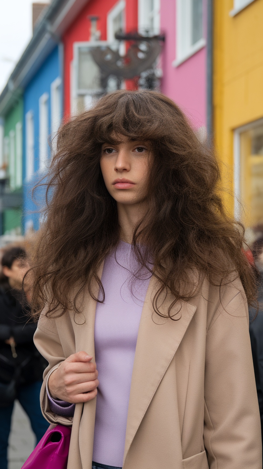 A model with thick, voluminous curly hair wearing a beige coat and a purple top, standing in front of colorful buildings.
