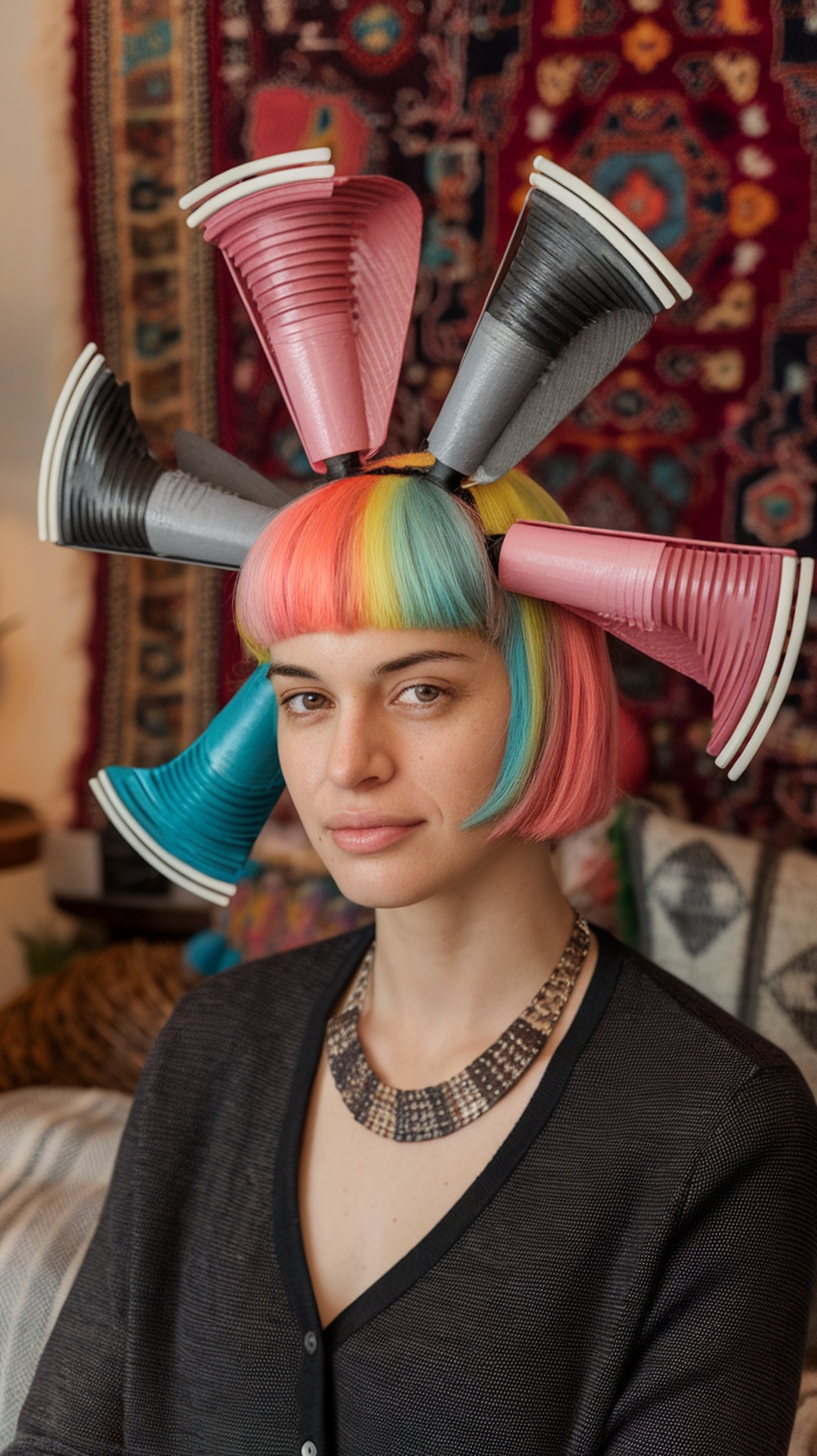 A person with a colorful bob hairstyle featuring cups arranged like a windmill on their head.