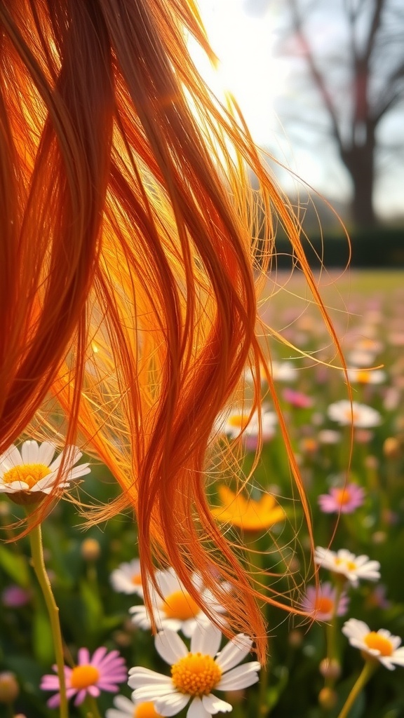 Auburn hair flowing in a field of colorful flowers