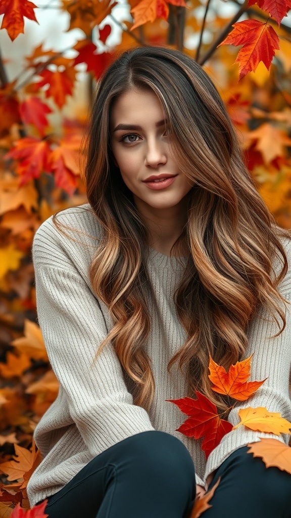 A woman with warm brown balayage waves sitting among autumn leaves.