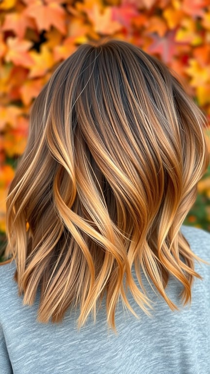 A hairstyle featuring warm copper chunky highlights with soft waves, set against a backdrop of autumn leaves.