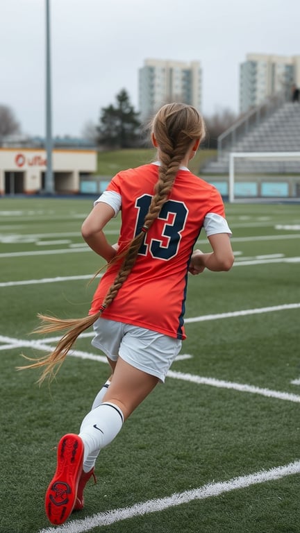 A young athlete with a long waterfall braid running on a sports field.