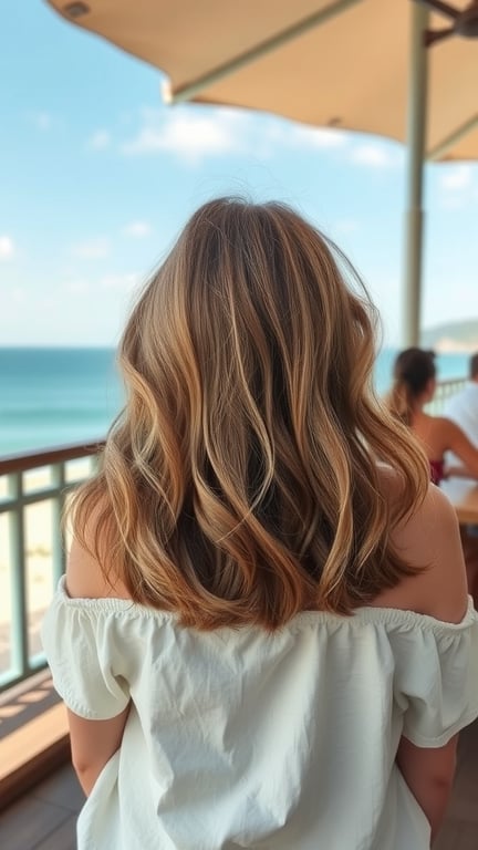 A woman with wavy lob hairstyle, showcasing beachy texture, viewed from the back with ocean in the background.