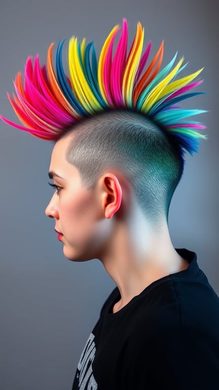 A person with a vibrant multicolor mohawk hairstyle featuring bright pink, yellow, blue, and green spikes.