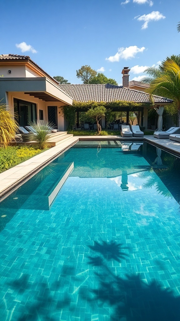 Ein schöner Naturpool mit klarem Wasser, umgeben von Pflanzen und einem modernen Haus.