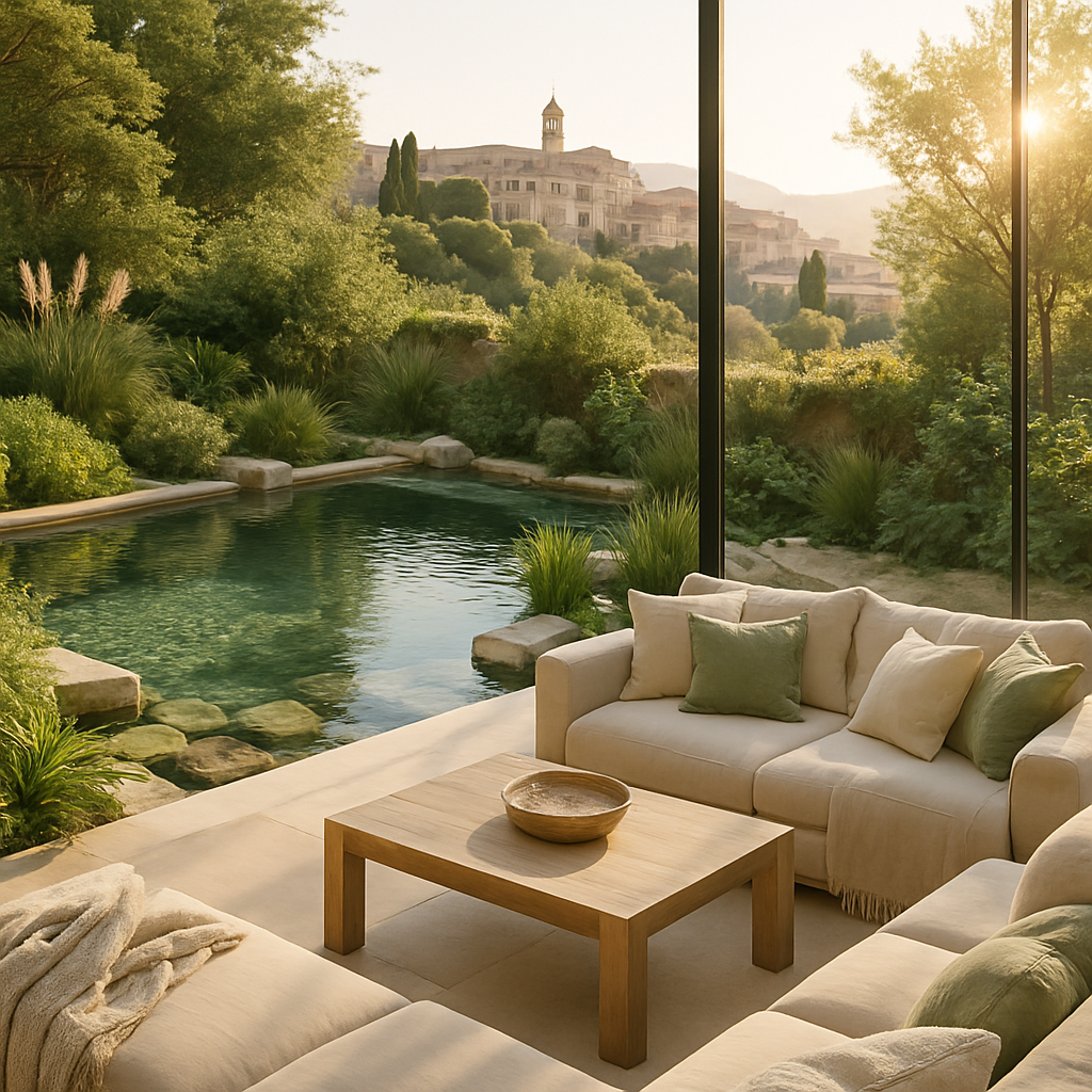 Ein eleganter Naturpool, umgeben von Pflanzen und einem gemütlichen Sitzbereich, mit Blick auf eine malerische Landschaft.