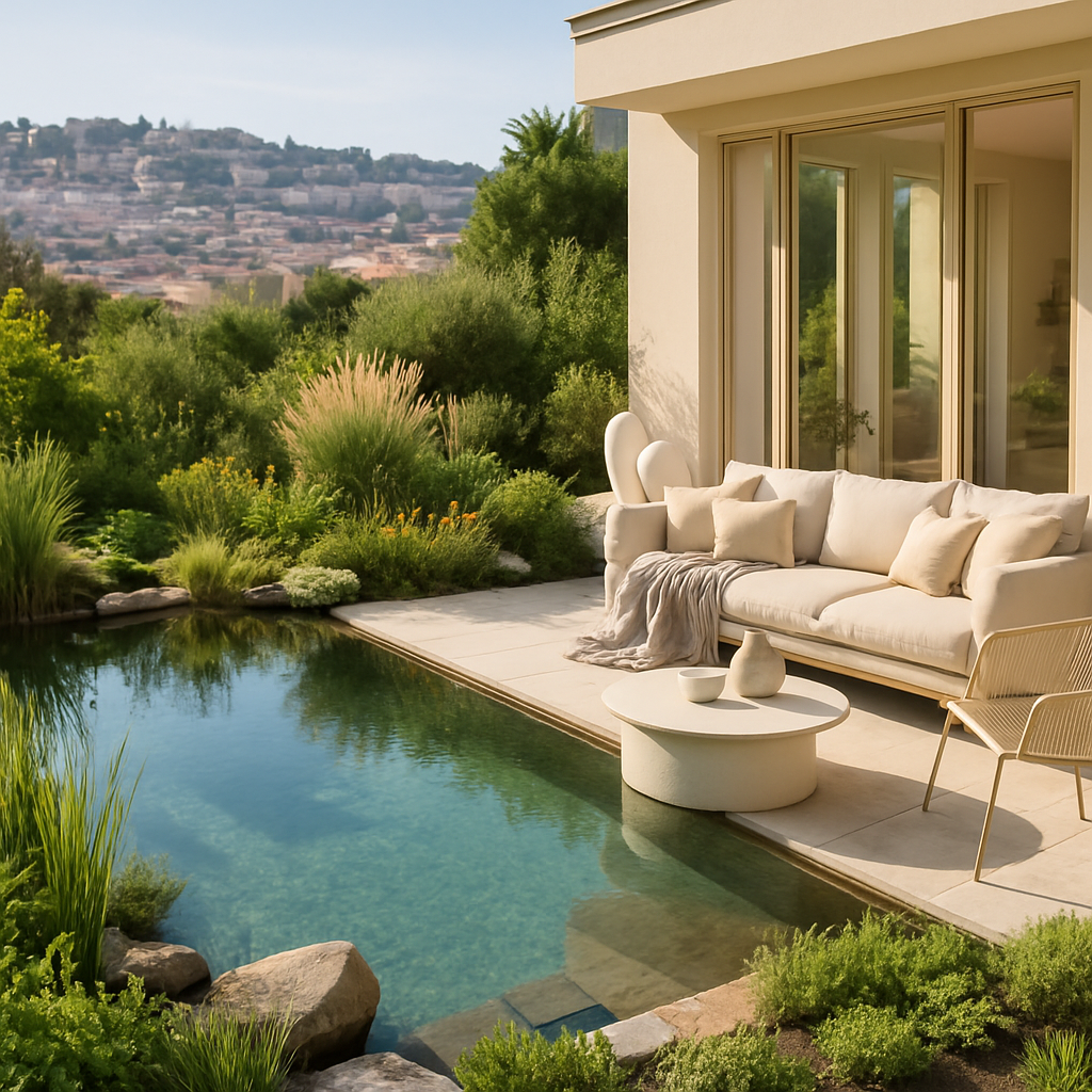 Ein eleganter Naturpool in einem Garten mit bequemen Sitzgelegenheiten und üppiger Vegetation.