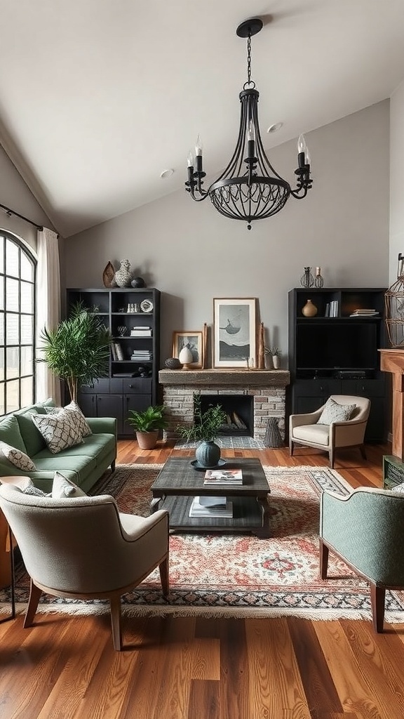 Luxuriöses Wohnzimmer im Western-Gotisch-Stil mit großen Fenstern und ökologischen Materialien.