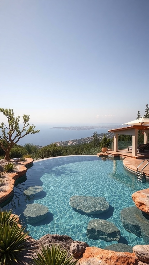 Ein ökologischer Pool mit Steinen und Pflanzen, umgeben von einer schönen Landschaft und Blick auf das Meer.