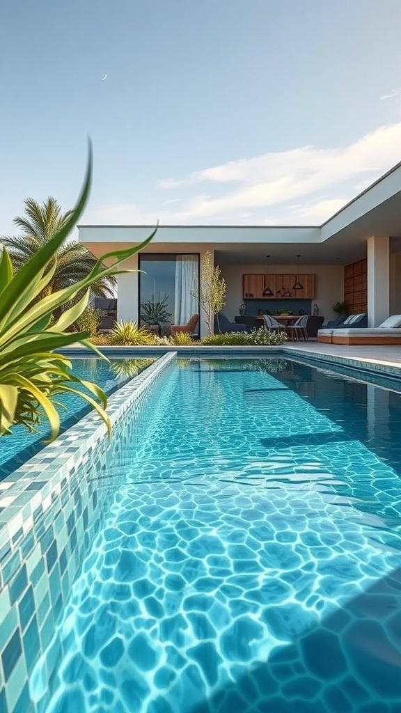 Ein moderner Pool mit klarem Wasser und umgebenden Pflanzen