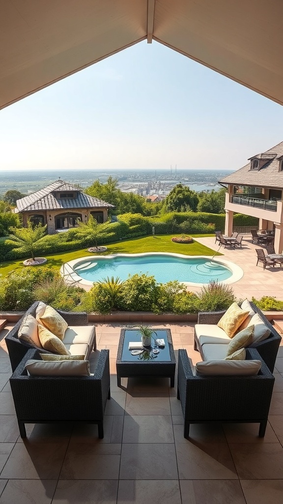 Überdachte Terrasse mit Blick auf einen Garten und Pool