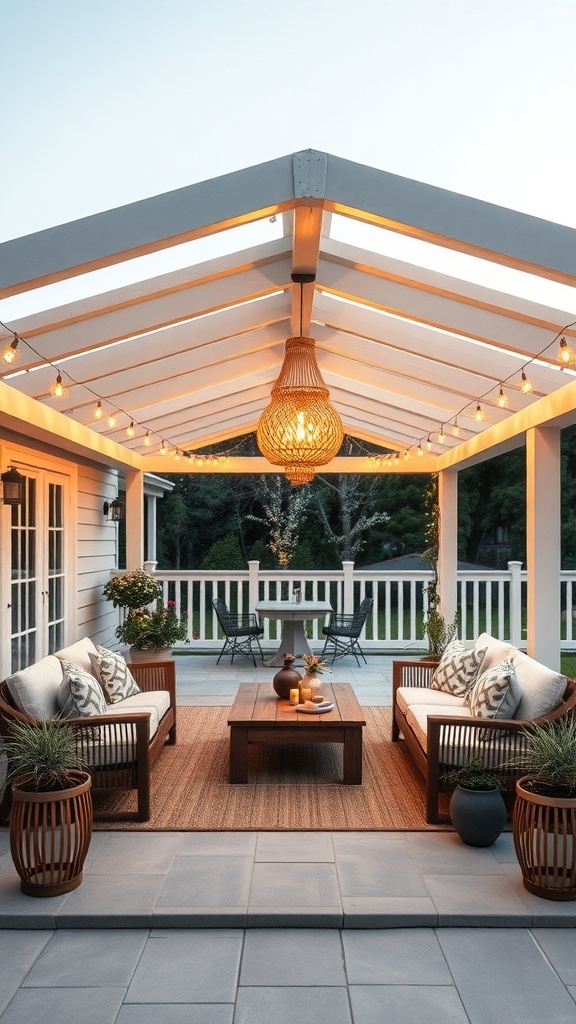 Gemütliche überdachte Terrasse mit Sitzgelegenheiten und warmen Lichtern