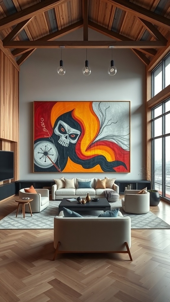 Ein modernes Wohnzimmer mit einem großen, bunten Kunstwerk an der Wand.