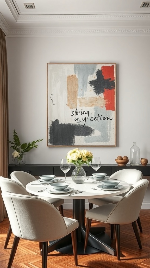 A modern dining area featuring abstract art on the wall, a round table with elegant chairs, and a floral centerpiece.