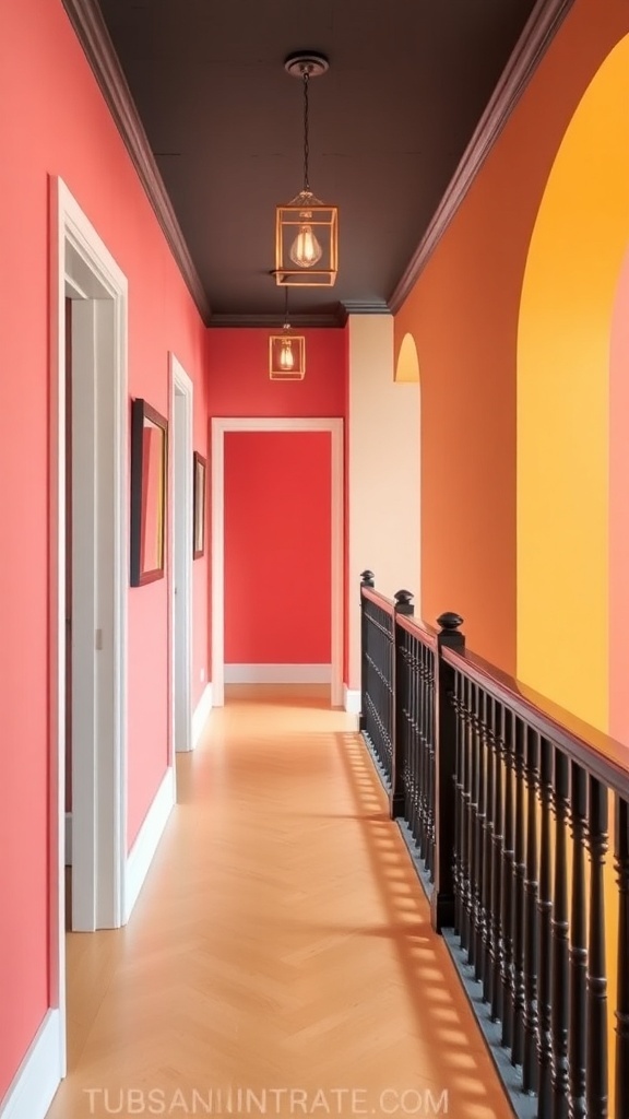 A vibrant hallway featuring coral and orange walls, a black ceiling, and a black bannister.