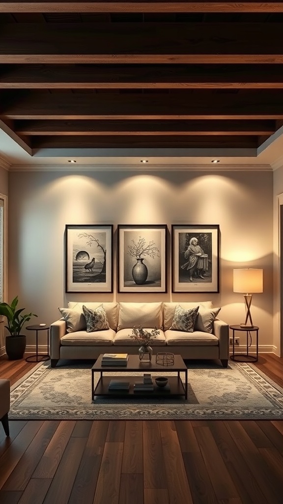 A cozy living room with accent lighting highlighting three framed artworks on the wall, complemented by a comfortable sofa and stylish decor.