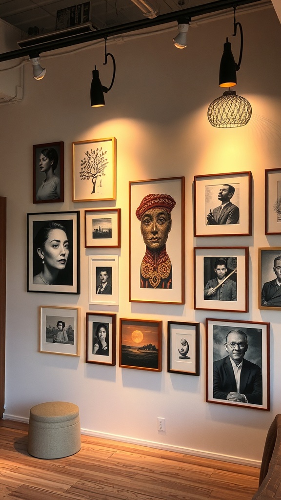 A well-lit wall displaying various framed artworks with accent lighting.