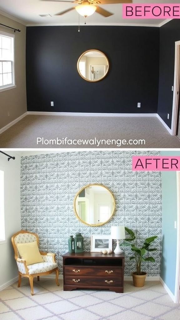 A cozy living room featuring an accent wall with affordable wallpaper, a white sofa, and stylish decor.