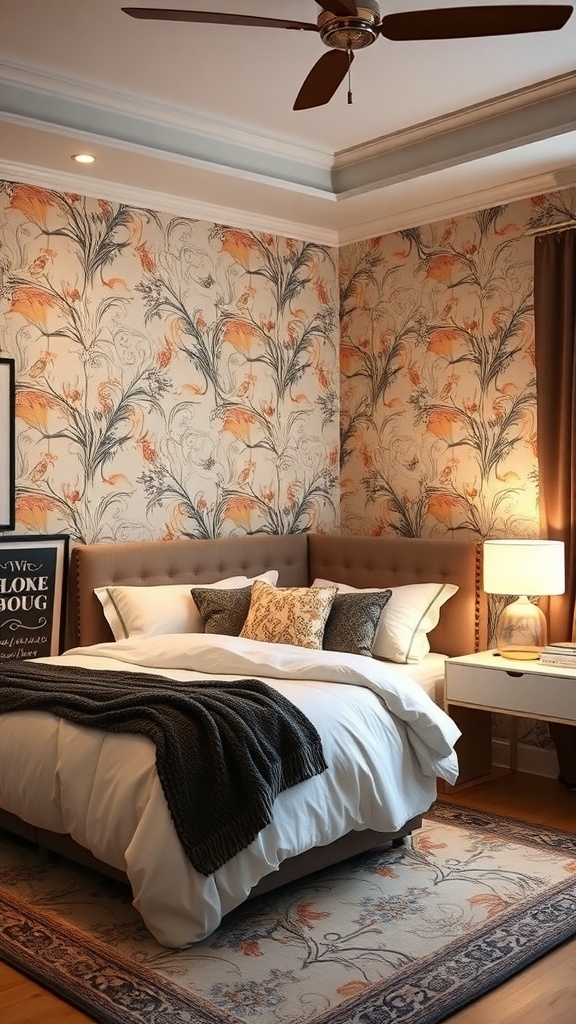 A cozy bedroom featuring a floral accent wall, neutral bedding, and warm lighting.