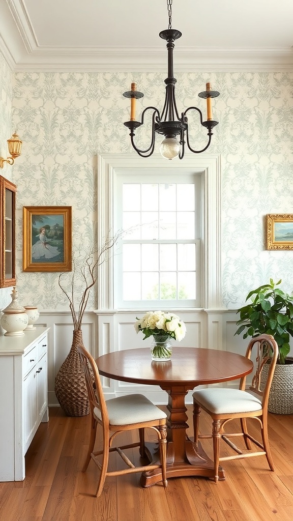 A cozy dining area featuring vintage wallpaper, a round wooden table, and classic chairs.