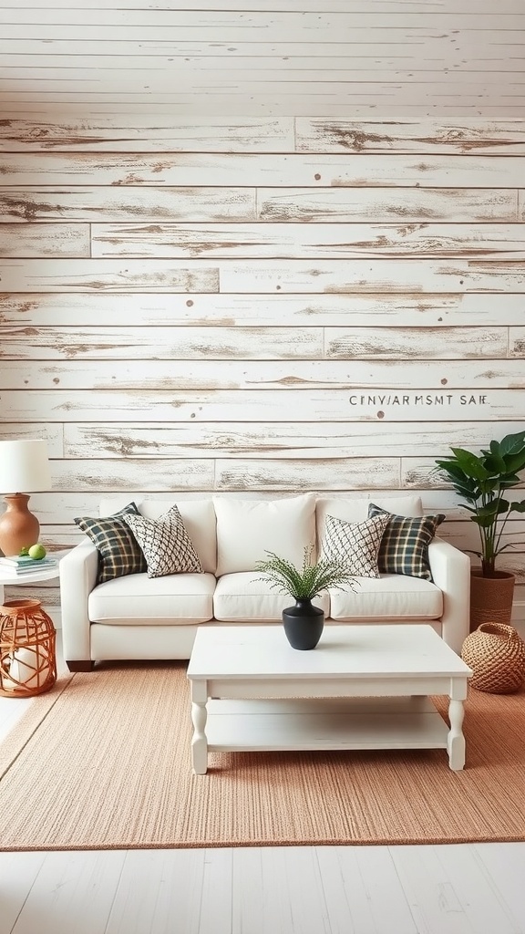 Living room with a rustic wood accent wall, white couch, and natural decor elements.