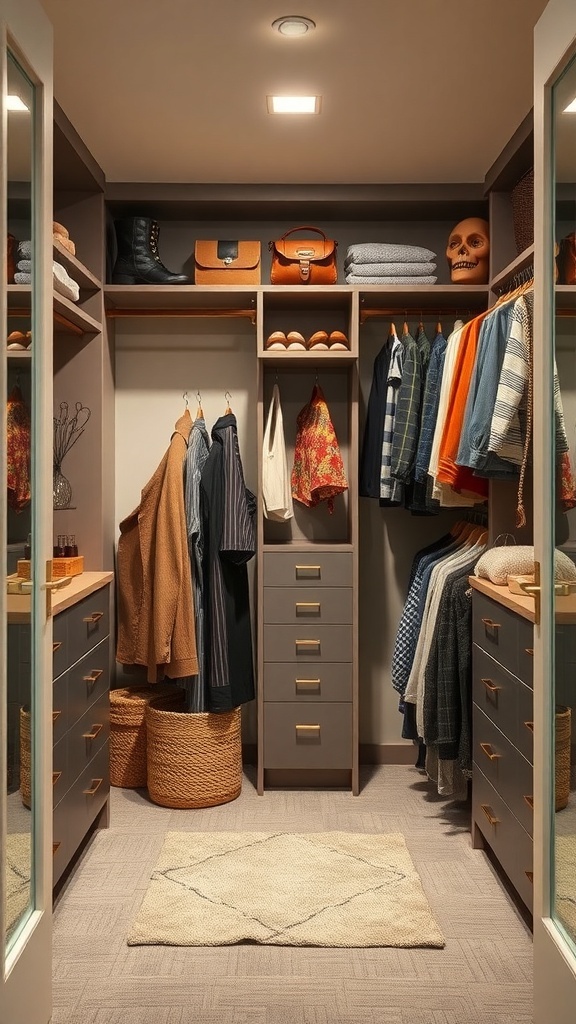 A cozy walk-in closet featuring organized clothes, stylish bags, and a quirky skull decoration.
