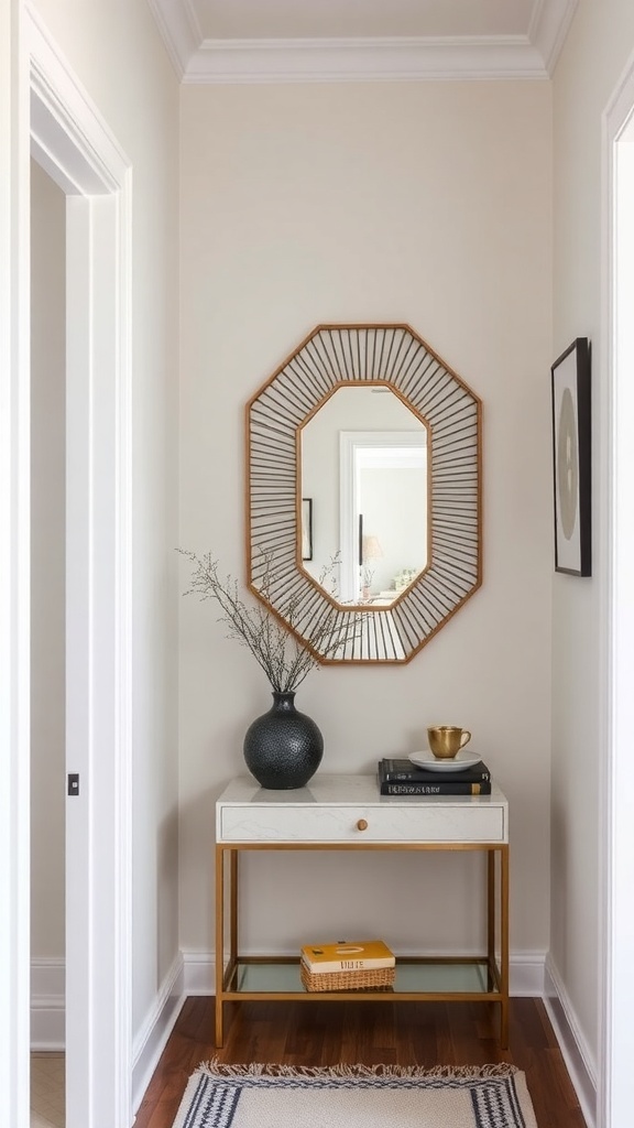 A stylish hallway with an octagonal mirror above a console table, featuring a vase and books.