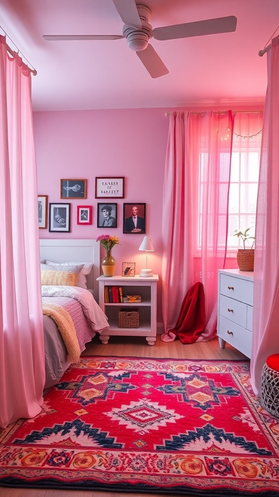 Aesthetic teen girl bedroom with pink curtains and a colorful rug.