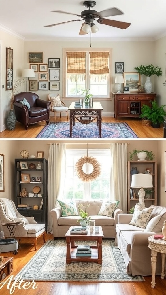 Before and after images of a living room makeover showcasing thrifted decor.