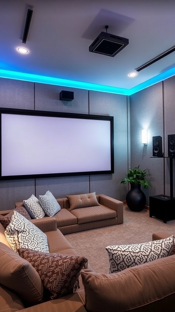Cozy home theater with acoustic panels, plush sofas, and a large screen.