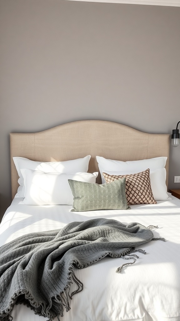 A cozy bedroom featuring a neutral upholstered headboard, white bedding, and decorative pillows.